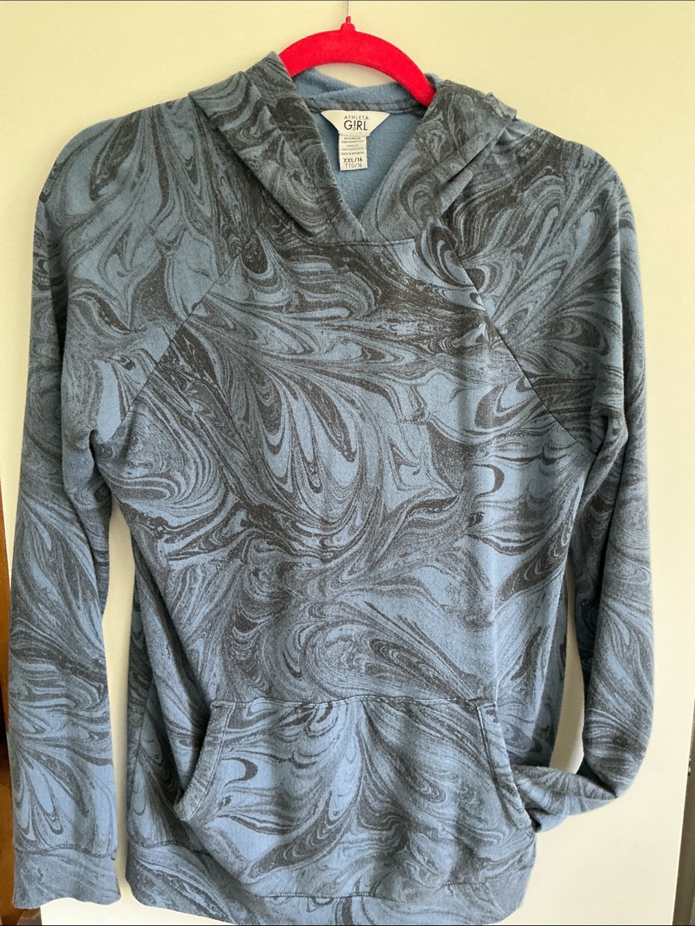 Athleta  Swirl-Print Hooded Pullover in Slate blue and charcoal.
